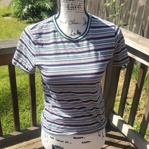 Charlotte Russe short sleeve green pink blue white striped shirt